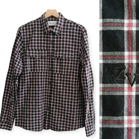 Zadig & Voltaire Men's Thibaut Button Up Red Black Plaid Chest Pockets Large - Picture 1 of 16